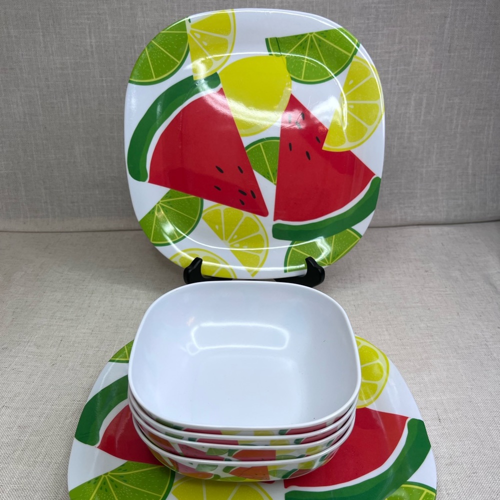 Home Collection Summer Fruit Watermelon 11" Square Plates With Dessert Bowls.